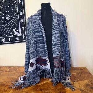 Knit Cardigan Womens M Blue Southwestern Open Front Fringe Boho Love By Design